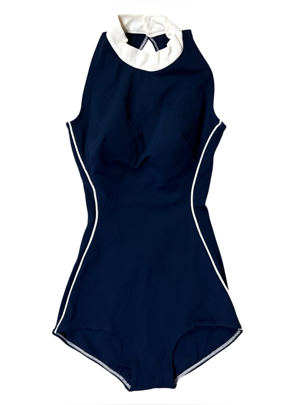 Vintage Jantzen Navy Blue White Piping High Neck Swimsuit Sz 10 Switzerland Made